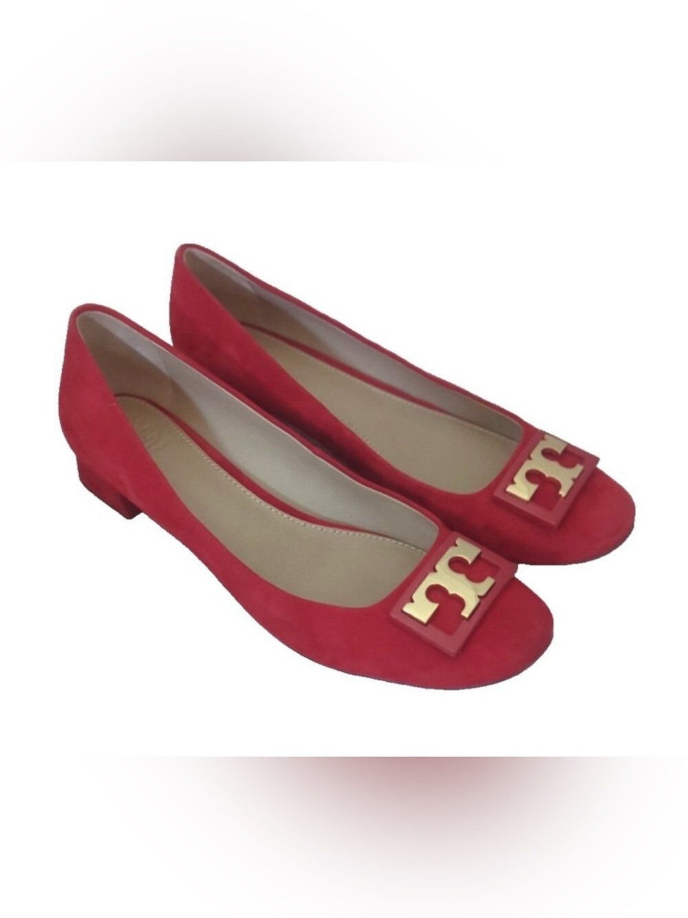 Tory Burch Gigi Suede Pumps Gold Logo Block Heel Red Womens US 7.5